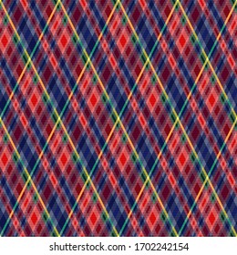 Rhombic seamless illustration pattern as a tartan plaid mainly in various motley colors with transparency effect