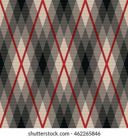 Rhombic seamless vector fabric pattern in gray color with soft muted hues and with red lines