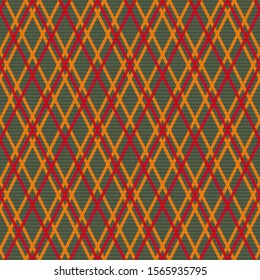 Rhombic seamless vector pattern as a tartan plaid mainly in khaki hues with red and orange lines
