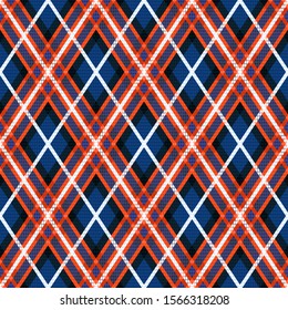 Rhombic seamless vector pattern as a tartan plaid in blue, violet, orange and white colors