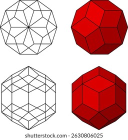 Rhombic Triacontahedron  vector set , 3D Geometric Shapes Vector Drawing , 3D Mathematical Polyhedra Set