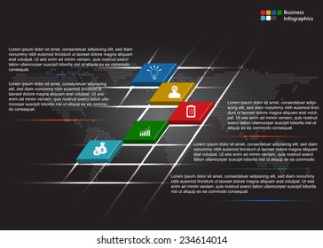 Rhombohedron/Box 3D for Business Concepts with Icons, Wolrd Map on Abstract Black Background, Business Icons and Text Information Design. 5 Options Template, Vector Illustration.