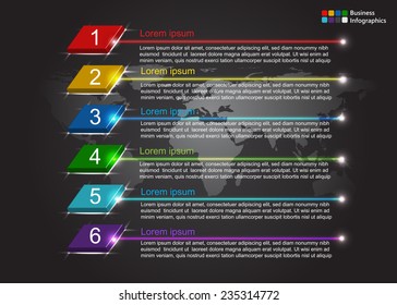 Rhombohedron/Box 3D for Business Concepts with Numbers  and Text Information, Wolrd Map on Abstract Black Background, Colorful Glow Lines, 6 Options Template, Vector Illustration.