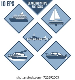 rhomboid flat icons of marine ships in lilac color