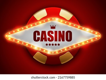 Rhomboid frame with glowing shiny LED light bulbs, vector illustration. Roung red gold poker chip shining casino banner red background. Signboard lamps border for casino, poker, roulette, black jack