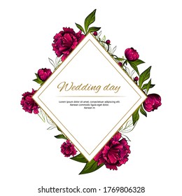 rhomboid frame made with colorful purple peony flowers and golden lines and words wedding day on white background