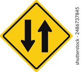Rhomboid traffic signal in yellow and black, isolated on white background. Warning of two-way traffic straight ahead