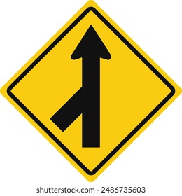 Rhomboid traffic signal in yellow and black, isolated on white background. Warning of merging traffic from the left