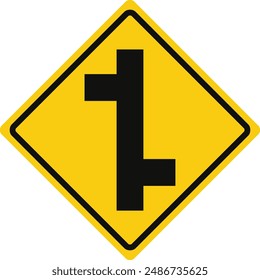 Rhomboid traffic signal in yellow and black, isolated on white background. Warning of side roads on right and left, consecutively