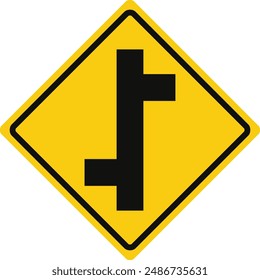 Rhomboid traffic signal in yellow and black, isolated on white background. Warning of side roads on left and right, consecutively