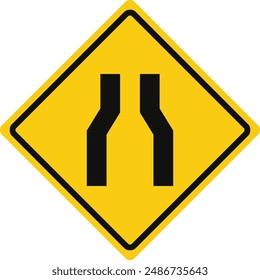 Rhomboid traffic signal in yellow and black, isolated on white background. Warning of narrow road ahead