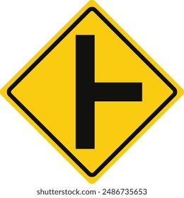 Rhomboid traffic signal in yellow and black, isolated on white background. Warning of side road on the right  at a perpendicular angle