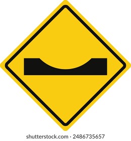 Rhomboid traffic signal in yellow and black, isolated on white background. Warning of dangerous dip