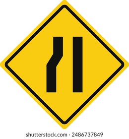 Rhomboid traffic signal in yellow and black, isolated on white background. Warning of narrow road ahead on left side