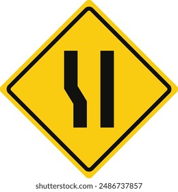 Rhomboid traffic signal in yellow and black, isolated on white background. Warning of wide road ahead on left side