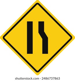 Rhomboid traffic signal in yellow and black, isolated on white background. Warning of narrow road ahead on right side