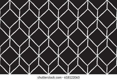 rhombus abstract hand draw seamless pattern. Zigzag, wave. White lines on black background. eps10