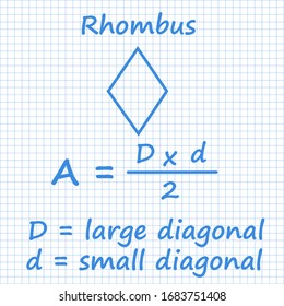 Rhombus area formula Mathematical formulas On a blue paper background