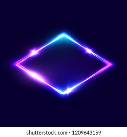 Rhombus background on dark blue backdrop. Night club neon light rhomboid. 3d lozenge sign with neon effect. Techno electric rhomb. Rhombus logo. Electric street diamond. 80s style vector illustration.