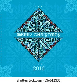 rhombus banner from plant and flower pattern in the center with lettering christmas on blue background