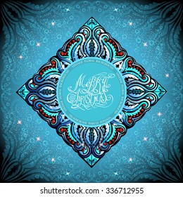 rhombus banner from plant and flower pattern in the center with lettering christmas on blue background