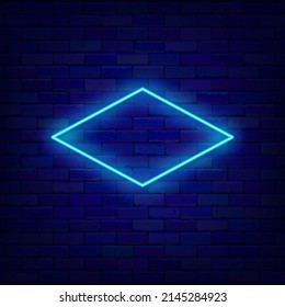 Rhombus blue neon frame on brick wall. Empty border. Space for text. Shiny flyer. Glowing effect poster. Editable stroke. Vector stock illustration