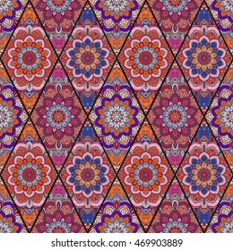 Rhombus Boho Flower Seamless Pattern. Mandala patchwork, floral elements. Oriental hippie design. Unusual decorative ornament. Wallpaper fabric print, furniture textile, pillow deco. Vector background
