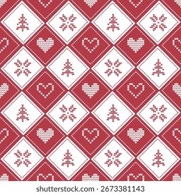 Rhombus Christmas Pattern with Knitted Winter Elements. Seamless Print. Christmas Background. Merry Christmas, Happy New Year Design. Vector illustration in Red, White