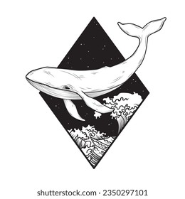 Composición de Rhombus con olas de ballena y océano. Diseño de camisetas, arte de tatuajes. Ilustración vectorial