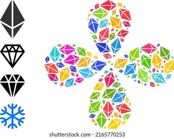 Rhombus Kristall Symbol farbige Explosionsblumenkomposition. Objektzentrifugal-Explosion, konstruiert aus zufälligen Kristallgegenständen. Vektorblumensymbol-Collage im flachen Stil.