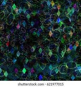 Rhombus and curved lines. Blue and green seamless texture. Abstract vector background for fabric, wrapping