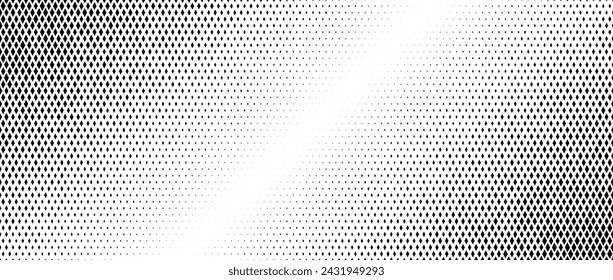 Rhombus diagonal gradient halftone texture. Diamond shape dot fading background. Abstract geometric particle vanishing gradient. Rhomb shape grunge overlay. Vector black white corner wallpaper