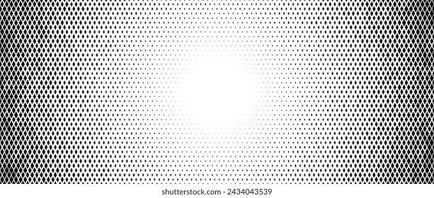 Rhombus dot radial gradient texture. Diamond dots halftone fading pattern. Abstract geometric particles vanishing background. Rhomb shape grunge overlay structure. Vector black white wallpaper