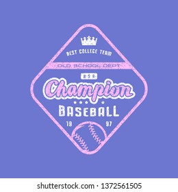 Rhombus emblem of champions baseball team. Graphic design for sticker and t-shirt. Color print on violet background
