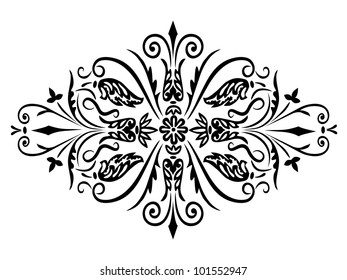 Rhombus flower ornament and swirling decorative floral and plants elements on a white background