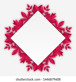 Rhombus frame with burgundy autumn leaves. Vector illustration in paper cut style with realistic shadows. All elements are easy to edit.