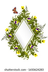 Rhombus frame with flowers and butterfly. Vector graphics.