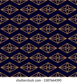 Rhombus Gemstone Seamless pattern in minimal trendy style. Gold linear diamonds on a dark blue background. Vector Abstract geometric texture for paper, cards, invitations, fabric.