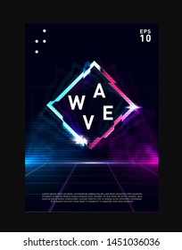 Rhombus glitch effect on laser grid with blue and pink glows and smoke. Retrowave / vaporwave / synthwave design for poster, flyer, cover, brochure, card, club invitation. Eps 10