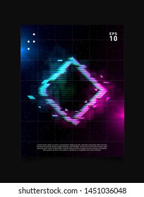 Rhombus glitch effect in space laser grid with blue and pink glows and smoke. Retrowave / vaporwave / synthwave design for poster, flyer, cover, brochure, card, club invitation. Eps 10