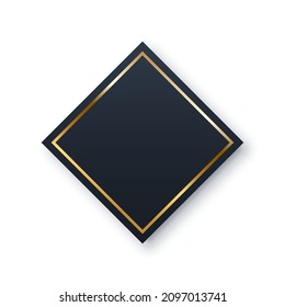 Rhombus with gold ring frame vector illustration. Elegant black decor object of square shape with shine border and shadow, realistic design with glitter light effect isolated on white background