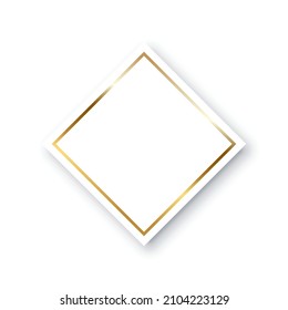 Rhombus with gold ring frame vector illustration. Elegant white decor object of square shape with shine border and shadow, realistic design with glitter light effect isolated on white background