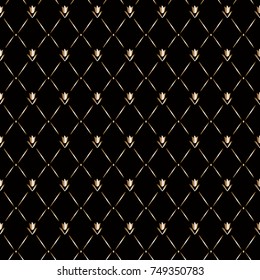 Rhombus golden seamless royal elegant pattern with small flower lily or tulip. Gold soft color dark black background. Geometric metallic gird vector ornament texture.