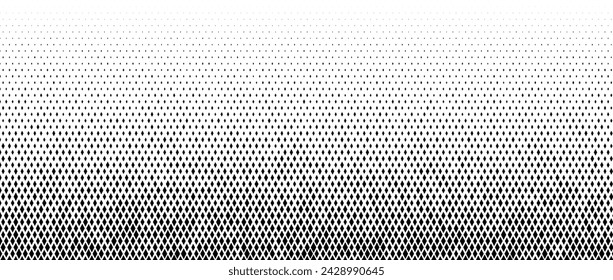 Rhombus gradient halftone texture. Diamond shape dot fading pattern. Abstract geometric particle vanishing gradient background. Rhomb shape grunge overlay structure. Vector black white wallpaper