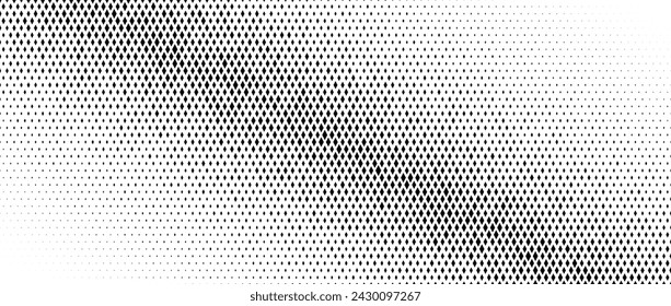 Rhombus gradient halftone texture. Diamond shape dot fading background. Abstract geometric particle vanishing gradient. Rhomb shape grunge overlay structure. Vector black white wallpaper