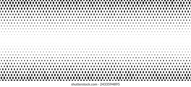 Rhombus gradient halftone texture. Diamond shape dots fading background. Abstract geometric particle vanishing backdrop. Rhomb shape grunge overlay structure. Vector black and white wallpaper