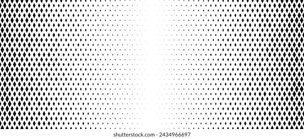 Rhombus gradient halftone texture. Diamond shape dots fading background. Abstract geometric particle vanishing backdrop. Rhomb shape grunge overlay texture. Vector wide black white wallpaper