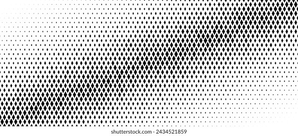 Rhombus grain halftone gradient texture. Diamond shape dot fading background. Abstract geometric particle vanishing gradient. Rhomb shape grunge overlay structure. Vector black and white wallpaper