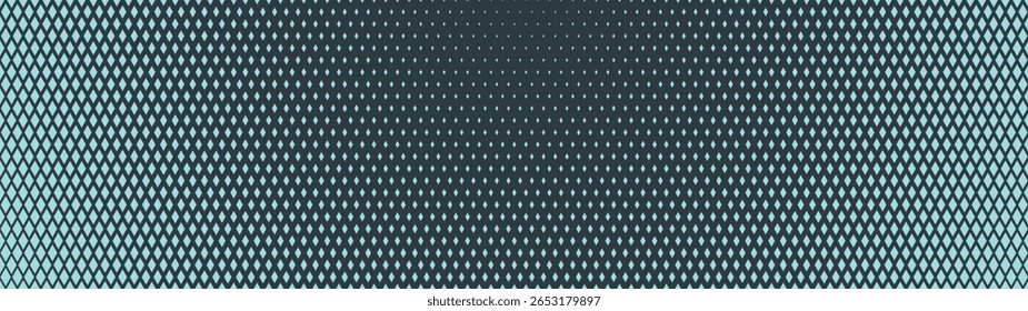 Padrão de meio-tom azul da grade de losango desbotado gradiente radial ultra amplo fundo abstrato tecnologia de vetor de taxa de proporção de 32:9. Gráficos de meio tom de formato ultra largo retro futurista cyberpunk abstração