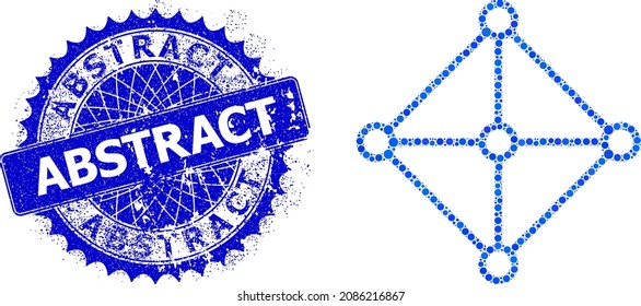 Rhombus grid centers vector mosaic of round dots in different sizes and blue color tinges, and scratched Abstract seal. Blue round sharp rosette seal includes Abstract caption inside.